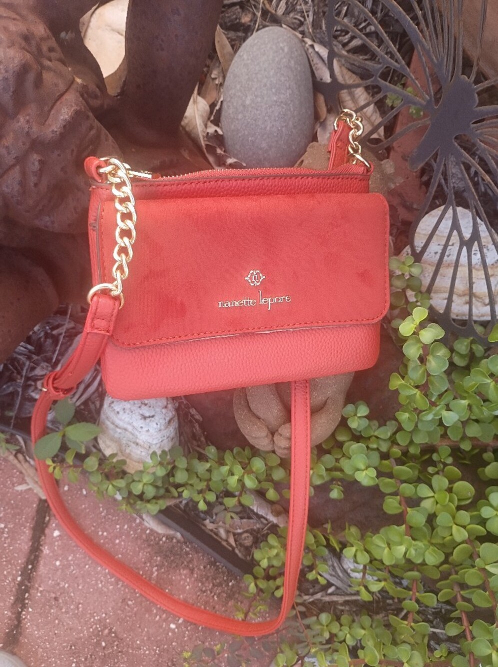 Nanette Lepore rust red suede & pebbled leather crossbody with gold chain